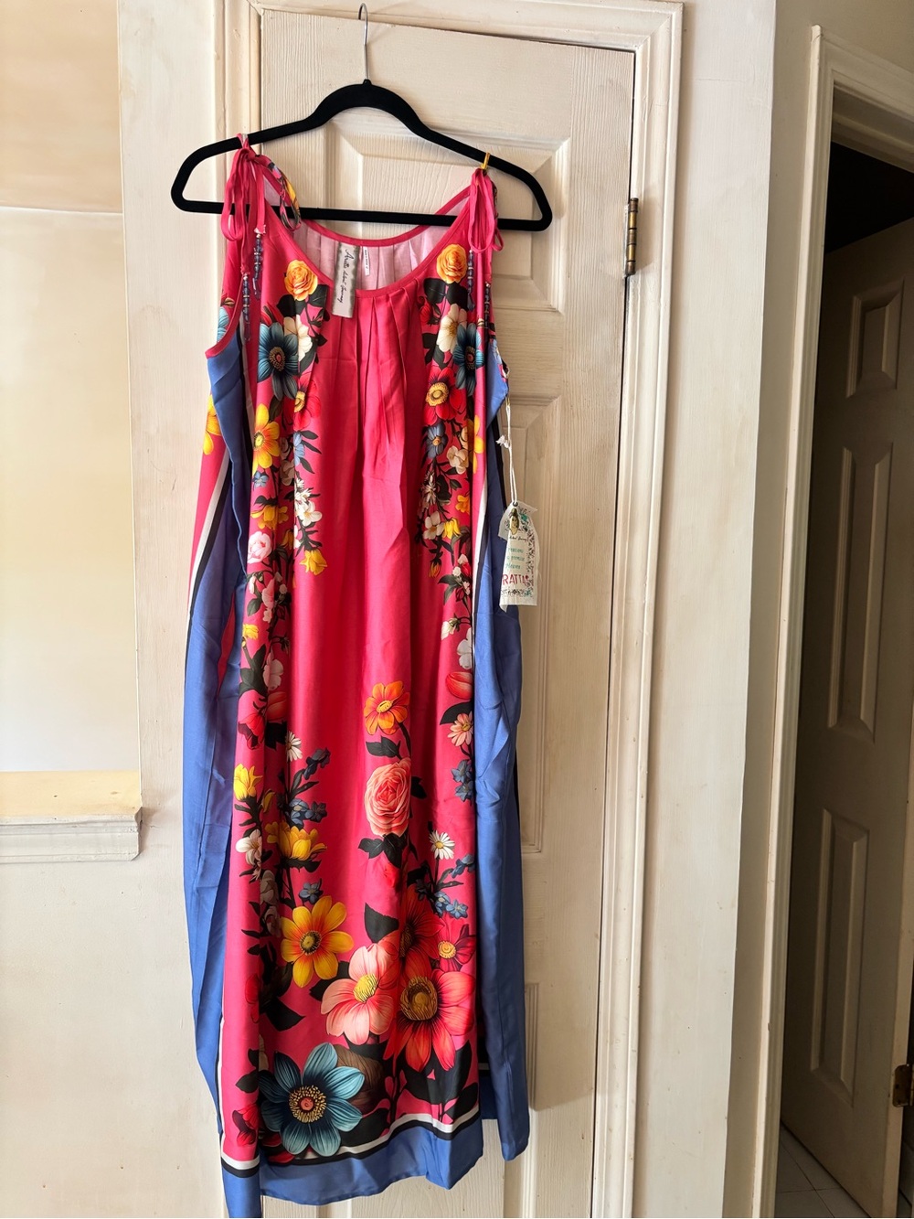 Aratta Pink Floral Maxi Dress with Blue Panels